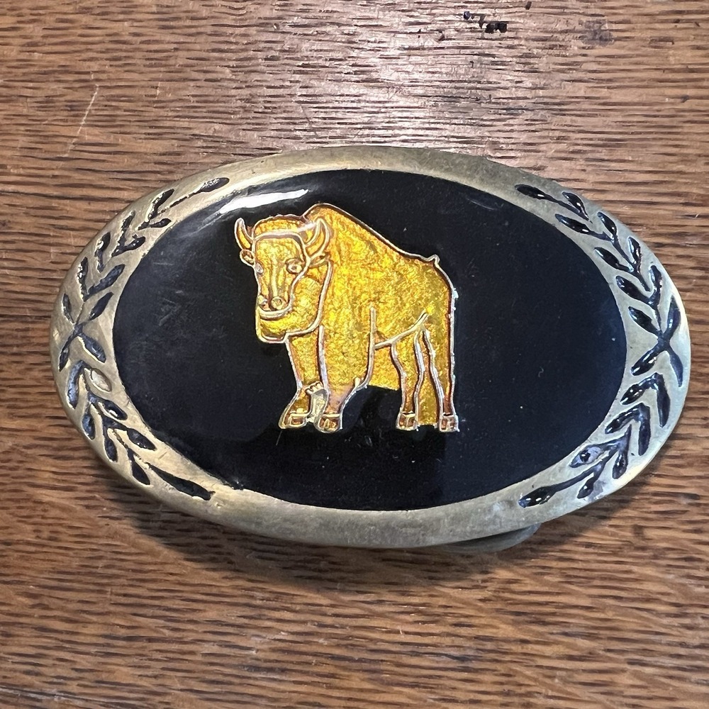 Vintage Bison Belt Buckle Black Border Inlay Enameled Solid Brass Base Oval
